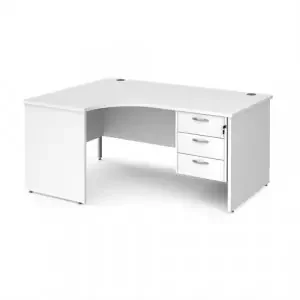 Maestro 25 left hand ergonomic desk 1600mm wide with 3 drawer pedestal – white top with panel end leg