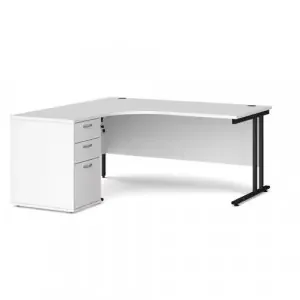 Maestro 25 left hand ergonomic desk 1600mm with black cantilever frame and desk high pedestal – white