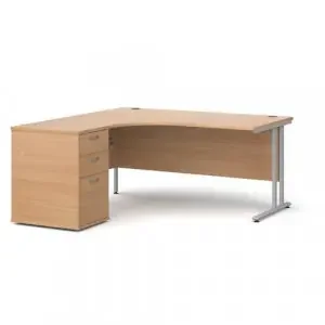 Maestro 25 left hand ergonomic desk 1600mm with silver cantilever frame and desk high pedestal – beech