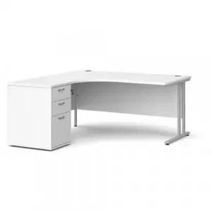 Maestro 25 left hand ergonomic desk 1600mm with silver cantilever frame and desk high pedestal – white