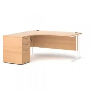 Maestro 25 left hand ergonomic desk 1600mm with white cantilever frame and desk high pedestal – beech