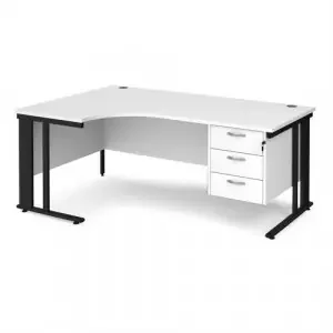 Maestro 25 left hand ergonomic desk 1800mm wide with 3 drawer pedestal – black cable managed leg frame, white top