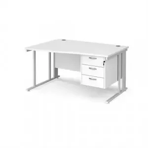 Maestro 25 left hand wave desk 1400mm wide with 3 drawer pedestal – white cable managed leg frame, white top