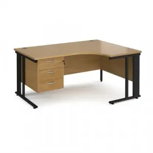 Maestro 25 right hand ergonomic desk 1600mm wide with 3 drawer pedestal – black cable managed leg frame, oak top