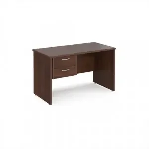 Maestro 25 straight desk 1200mm x 600mm with 2 drawer pedestal – walnut top with panel end leg