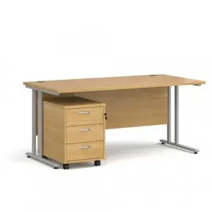 Maestro 25 straight desk 1600mm x 800mm with silver cantilever frame and 3 drawer pedestal – oak