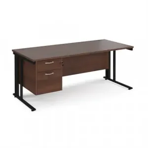 Maestro 25 straight desk 1800mm x 800mm with 2 drawer pedestal – black cable managed leg frame, walnut top