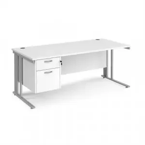 Maestro 25 straight desk 1800mm x 800mm with 2 drawer pedestal – silver cable managed leg frame, white top