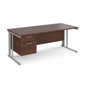 Maestro 25 straight desk 1800mm x 800mm with 2 drawer pedestal – silver cable managed leg frame, walnut top