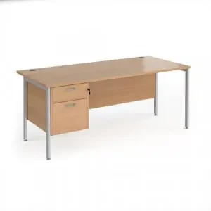 Maestro 25 straight desk 1800mm x 800mm with 2 drawer pedestal – silver H-frame leg, beech top