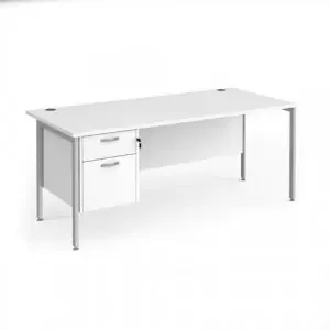 Maestro 25 straight desk 1800mm x 800mm with 2 drawer pedestal – silver H-frame leg, white top