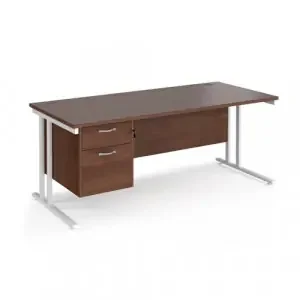 Maestro 25 straight desk 1800mm x 800mm with 2 drawer pedestal – white cantilever leg frame, walnut top