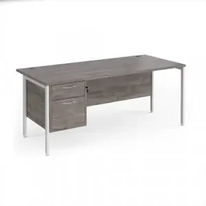 Maestro 25 straight desk 1800mm x 800mm with 2 drawer pedestal – white H-frame leg, grey oak top
