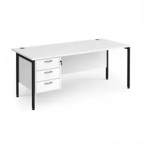Maestro 25 straight desk 1800mm x 800mm with 3 drawer pedestal – black H-frame leg, white top