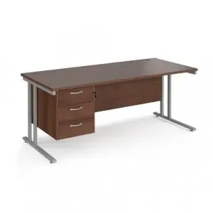 Maestro 25 straight desk 1800mm x 800mm with 3 drawer pedestal – silver cantilever leg frame, walnut top