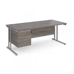 Maestro 25 straight desk 1800mm x 800mm with 3 drawer pedestal – silver cantilever leg frame, grey oak top