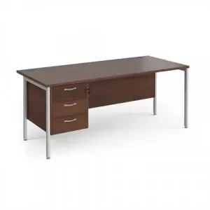 Maestro 25 straight desk 1800mm x 800mm with 3 drawer pedestal – silver H-frame leg, walnut top