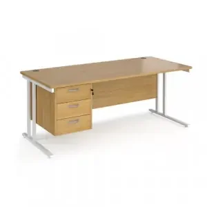 Maestro 25 straight desk 1800mm x 800mm with 3 drawer pedestal – white cantilever leg frame, oak top