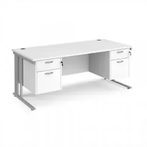 Maestro 25 straight desk 1800mm x 800mm with two x 2 drawer pedestals – silver cable managed leg frame, white top