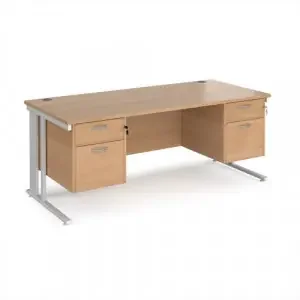 Maestro 25 straight desk 1800mm x 800mm with two x 2 drawer pedestals – white cable managed leg frame, beech top
