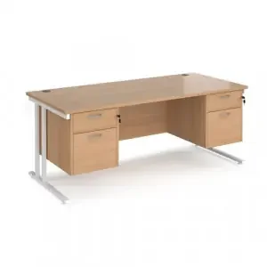 Maestro 25 straight desk 1800mm x 800mm with two x 2 drawer pedestals – white cantilever leg frame, beech top