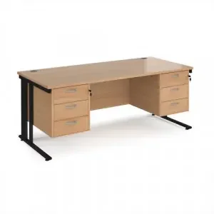 Maestro 25 straight desk 1800mm x 800mm with two x 3 drawer pedestals – black cable managed leg frame, beech top