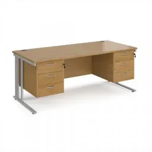 Maestro 25 straight desk 1800mm x 800mm with two x 3 drawer pedestals – silver cable managed leg frame, oak top