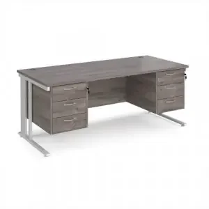 Maestro 25 straight desk 1800mm x 800mm with two x 3 drawer pedestals – white cable managed leg frame, grey oak top