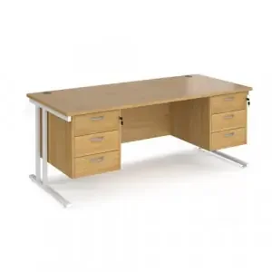 Maestro 25 straight desk 1800mm x 800mm with two x 3 drawer pedestals – white cantilever leg frame, oak top