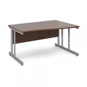 Momento right hand wave desk 1400mm – silver cantilever frame, walnut top