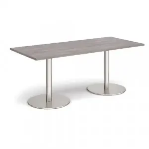 Monza rectangular dining table with flat round brushed steel bases 1800mm x 800mm – grey oak
