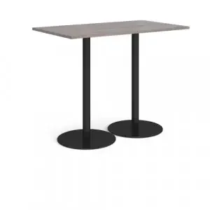 Monza rectangular poseur table with flat round black bases 1400mm x 800mm – grey oak