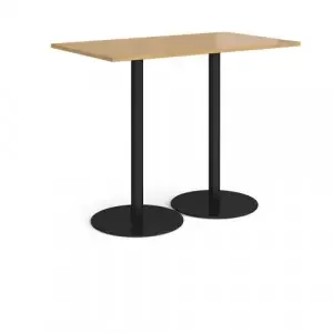 Monza rectangular poseur table with flat round black bases 1400mm x 800mm – oak