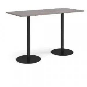 Monza rectangular poseur table with flat round black bases 1800mm x 800mm – grey oak
