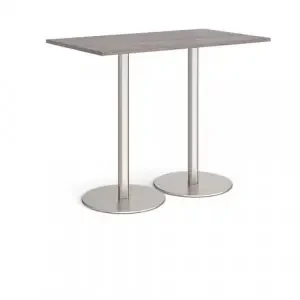 Monza rectangular poseur table with flat round brushed steel bases 1400mm x 800mm – grey oak