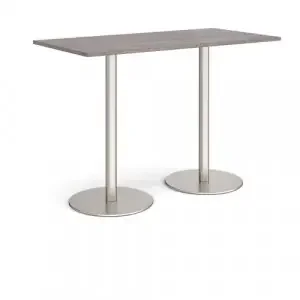 Monza rectangular poseur table with flat round brushed steel bases 1600mm x 800mm – grey oak