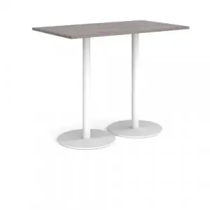Monza rectangular poseur table with flat round white bases 1400mm x 800mm – grey oak