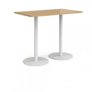 Monza rectangular poseur table with flat round white bases 1400mm x 800mm – oak
