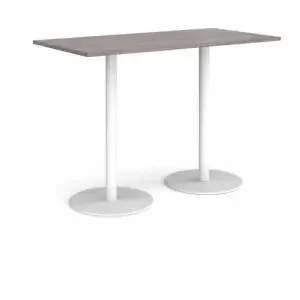 Monza rectangular poseur table with flat round white bases 1600mm x 800mm – grey oak