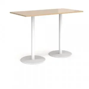 Monza rectangular poseur table with flat round white bases 1600mm x 800mm – Kendal oak