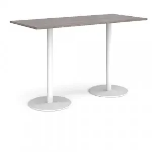 Monza rectangular poseur table with flat round white bases 1800mm x 800mm – grey oak