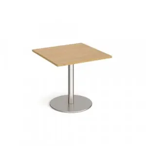 Monza square dining table with flat round brushed steel base 800mm – oak