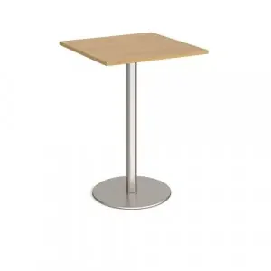 Monza square poseur table with flat round brushed steel base 800mm – oak