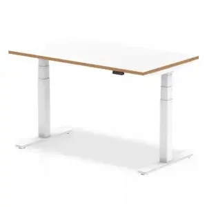 Oslo 1400mm Height Adjustable Office Desk White Top Natural Wood Edge White Frame