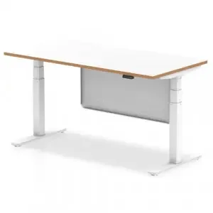 Oslo 1600mm Height Adjustable Office Desk White Top Natural Wood Edge White Frame With White Steel Modesty Panel