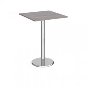 Pisa square poseur table with round chrome base 800mm – grey oak