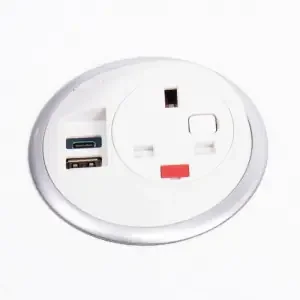 Pixel in-surface power module 1 x UK socket, 1 x TUF (A&C connectors) USB charger – dark blue