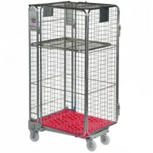 Plastic Base Nestable Roll Container; 4 Security Unit (50 x 50mm Mesh); Internal Height mm 1430; Silver/Red Base