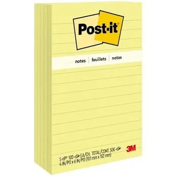Post-It Lined Notes 3″X3″ Canary Yellow Package Of 5