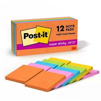 Post-It Super Sticky Notes Energy Boost Color 3″X3″ Assorted Color Package Of 12